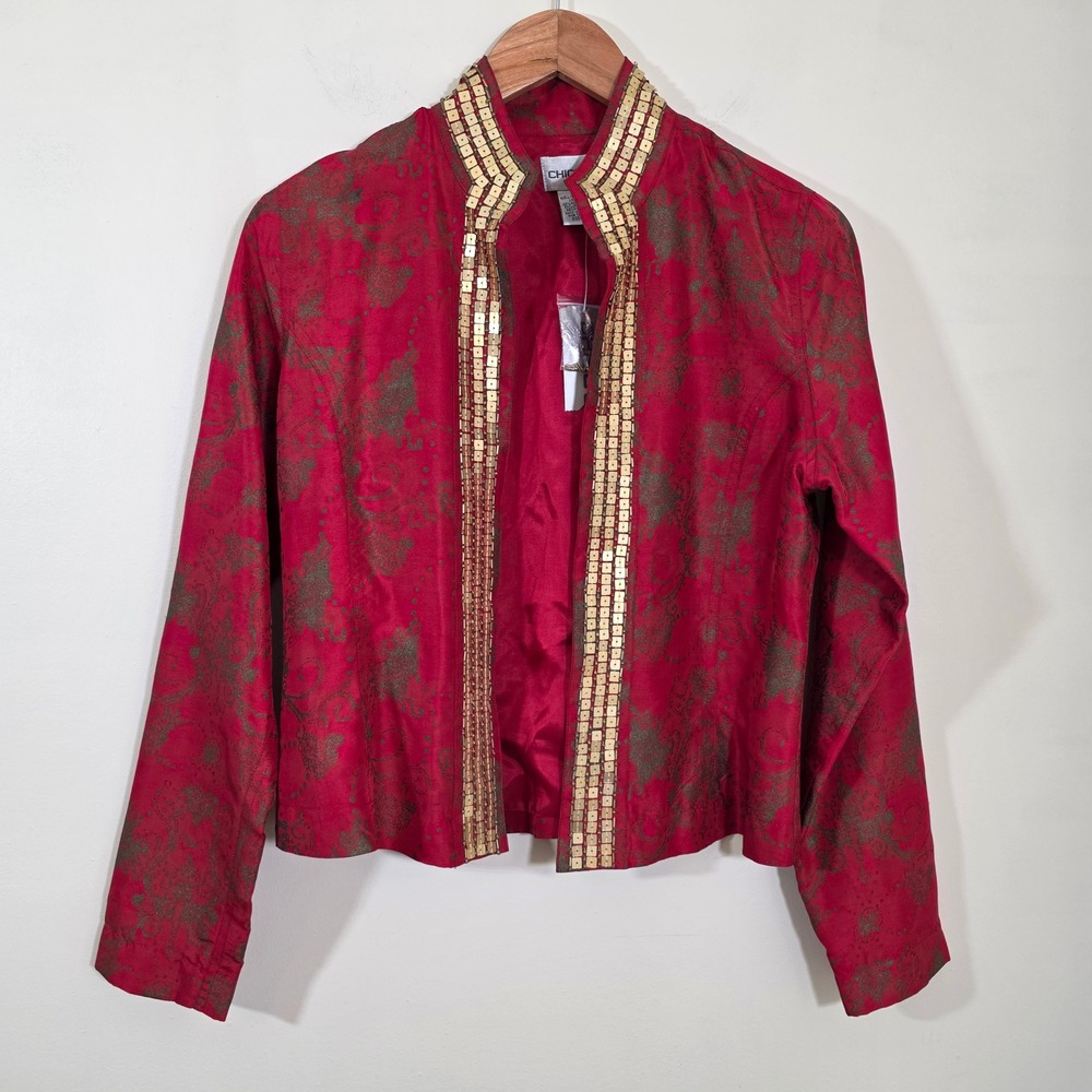 Chico's Women Jacket Red Gold Sequin Silk Oberoi Lavoie Damask Open Front Size 0